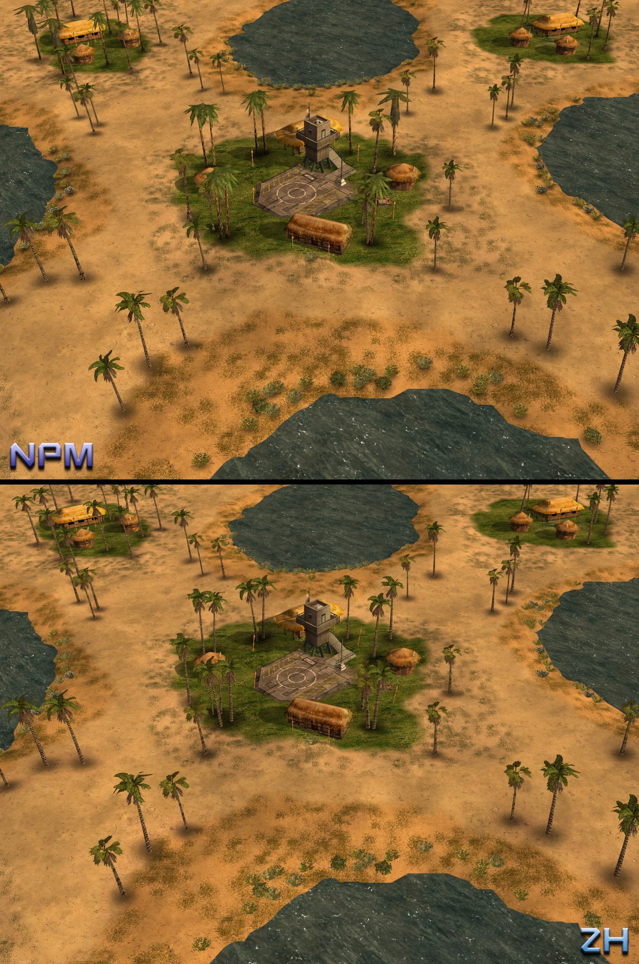 Вид з висоти пустельної бази з пальмами, хатинами та спостережною вежою біля води в Command & Conquer Generals мод NProject
