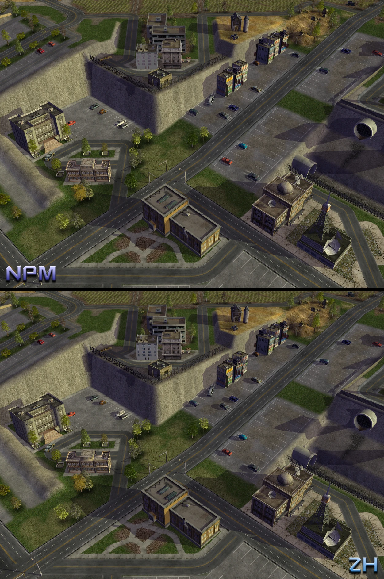 Вид згори на укріплену міську військову базу з дорогами, парковками та будівлями у моді NProject для Command & Conquer Generals