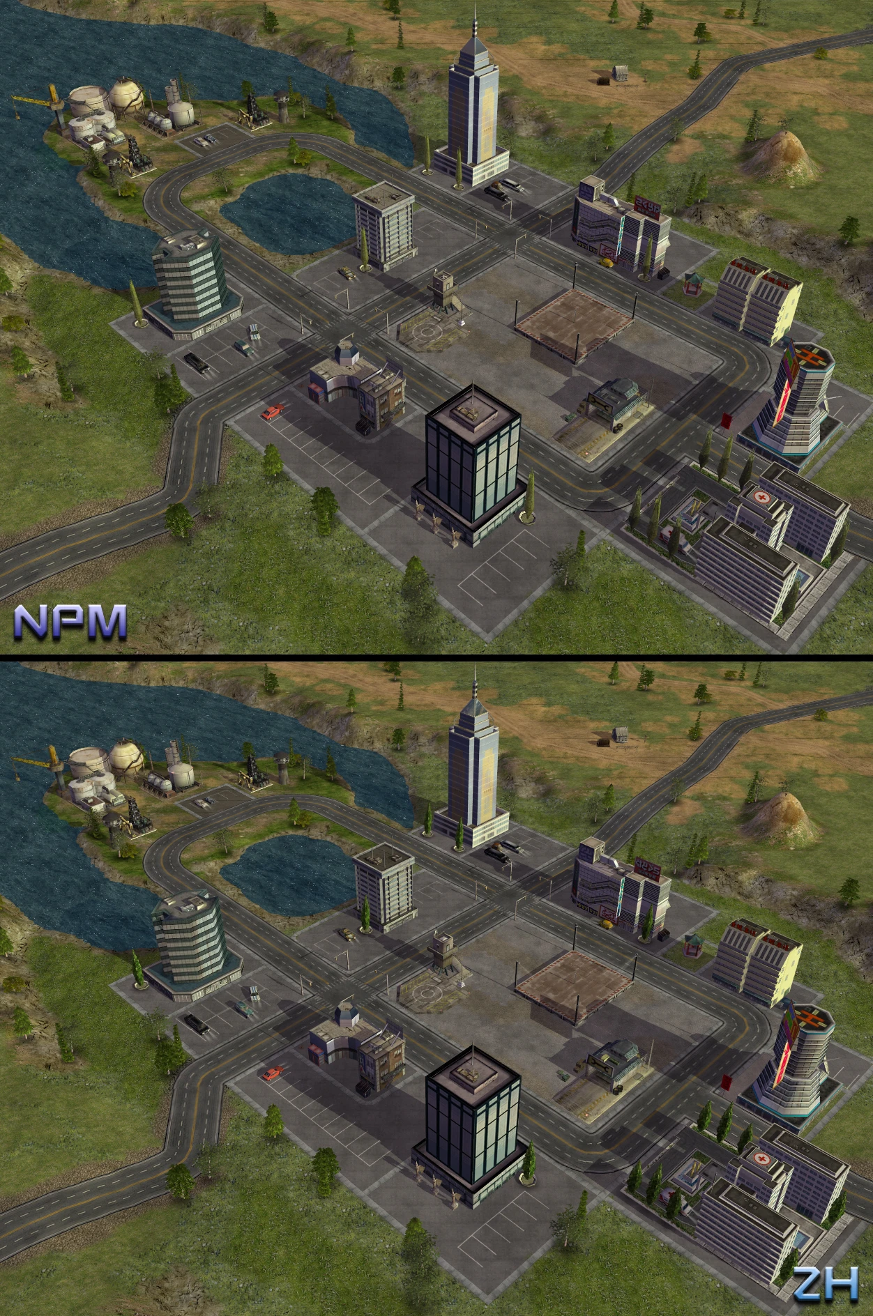 Вигляд згори на детальний міський квартал із дорогами, будівлями та промисловою зоною, оточеною водою в моді NProject для Command & Conquer Generals