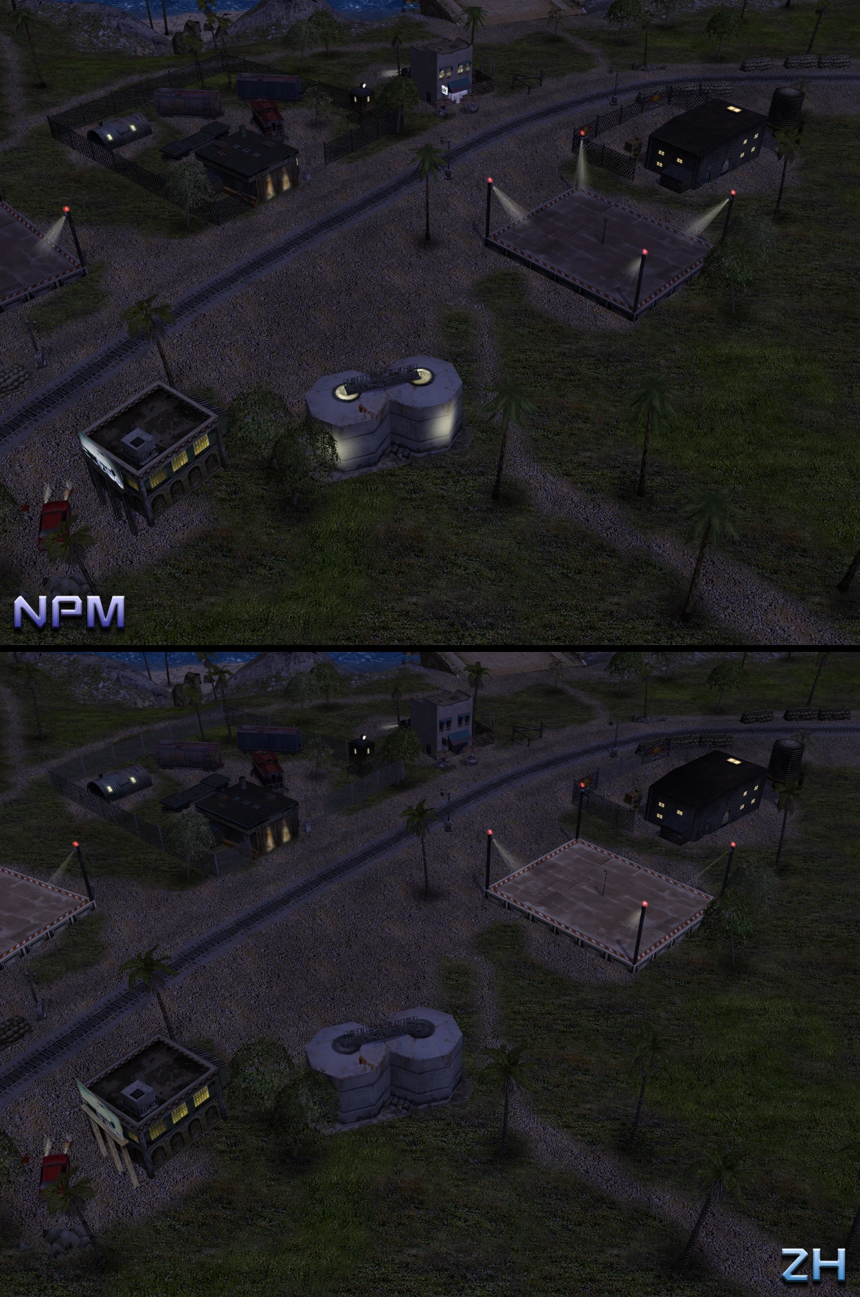 Два скріншоти з гри, що показують карту вночі та вдень у моді NProject для Command & Conquer Generals