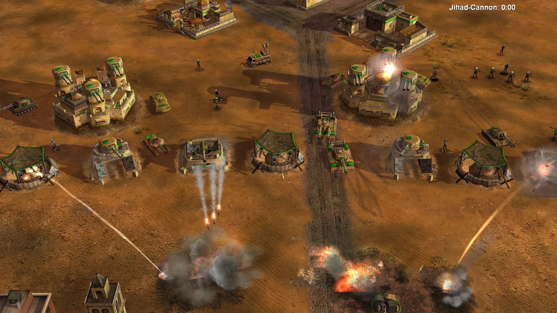 Pustynna baza pod silnym ostrzałem z eksplozjami i dymem w modzie Operation Firestorm do Command & Conquer Generals