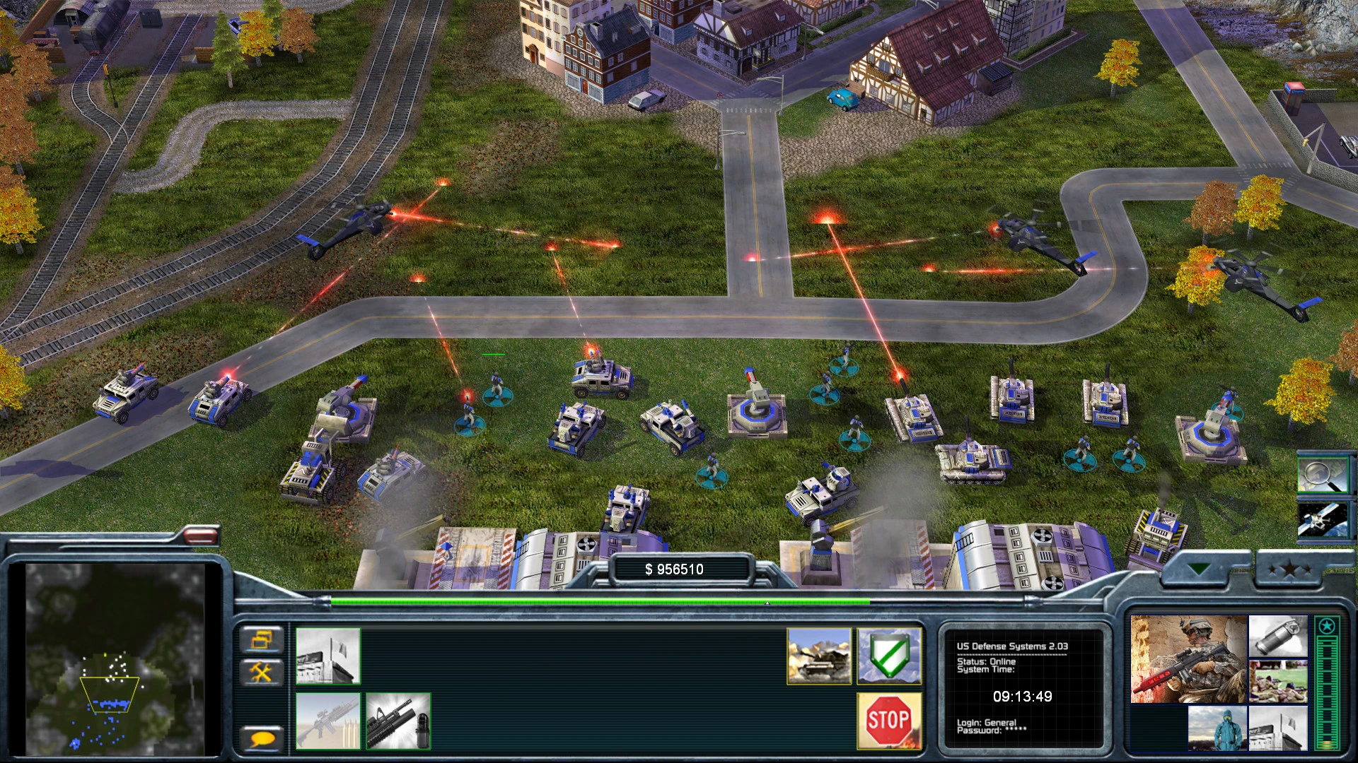 Widok z góry na obronę bazy USA z pojazdami i helikopterami ostrzeliwującymi w modzie Operation Firestorm