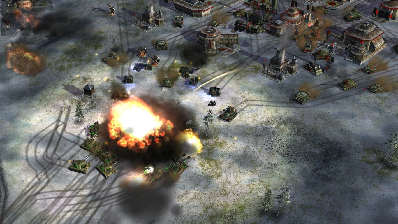 Eksplozje i czołgi na zaśnieżonym polu bitwy z bazą pod atakiem w modzie Operation Firestorm