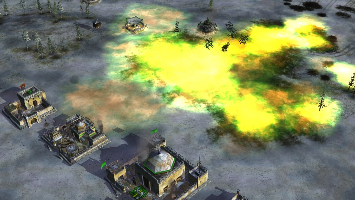 Zrzut ekranu z gry pokazujący rozprzestrzeniający się toksyczny gaz w pobliżu budynków w modzie Operation Firestorm