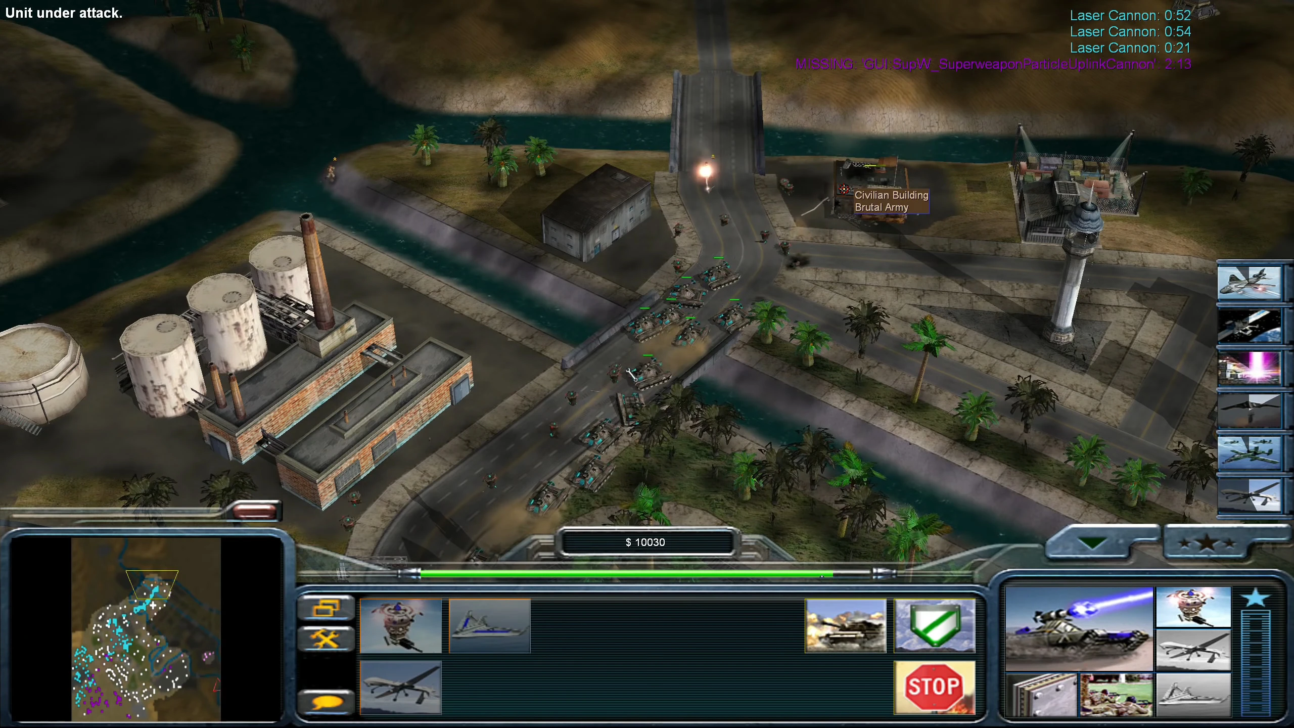 Знімок екрана мода Pro:Gen для Command & Conquer Generals із танками та піхотою, що атакують біля міських будівель і річки