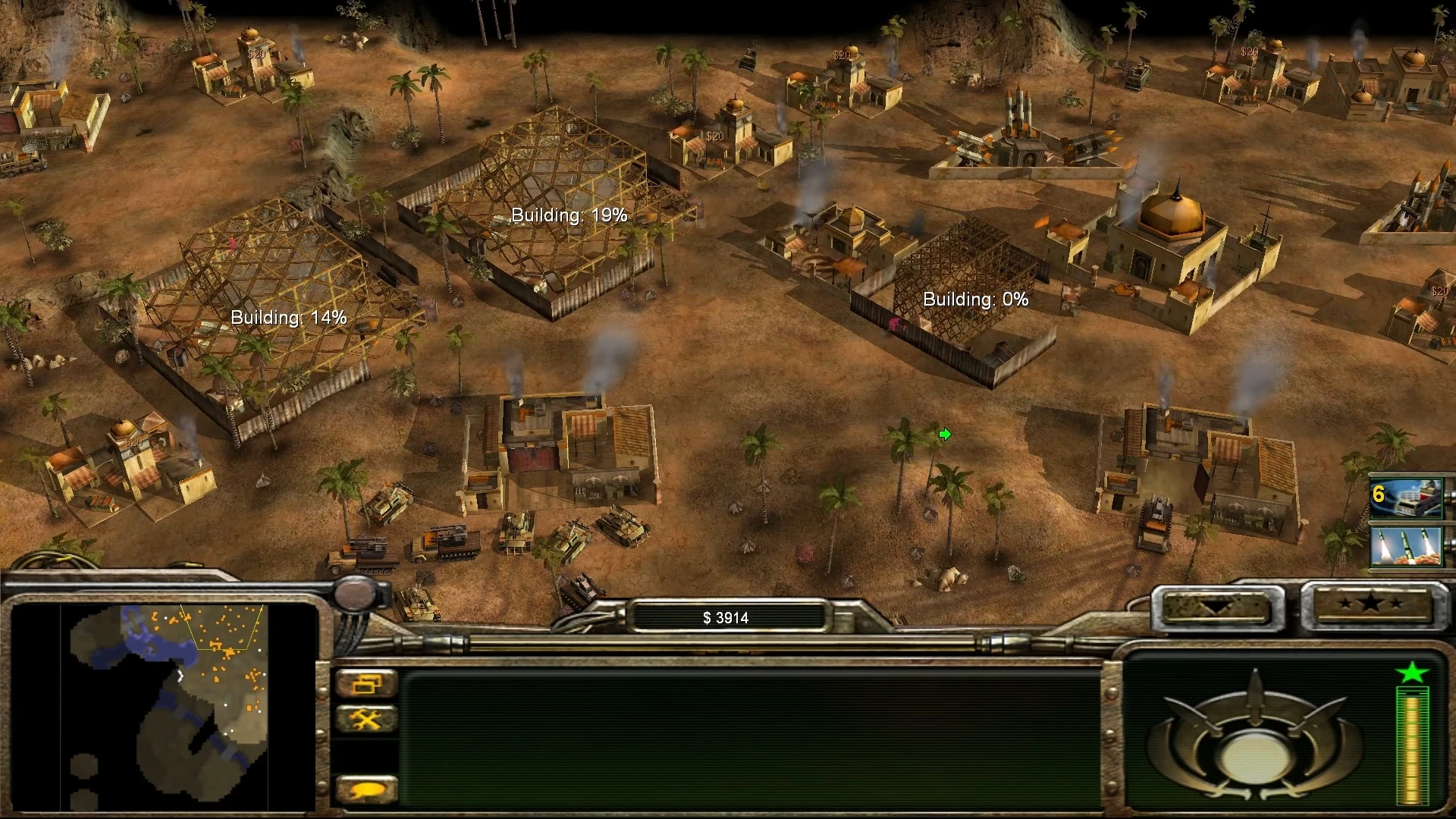 Скріншот з будівництвом будівель у пустелі та танками на карті з інтерфейсом Command & Conquer Generals і модом Pro:Gen