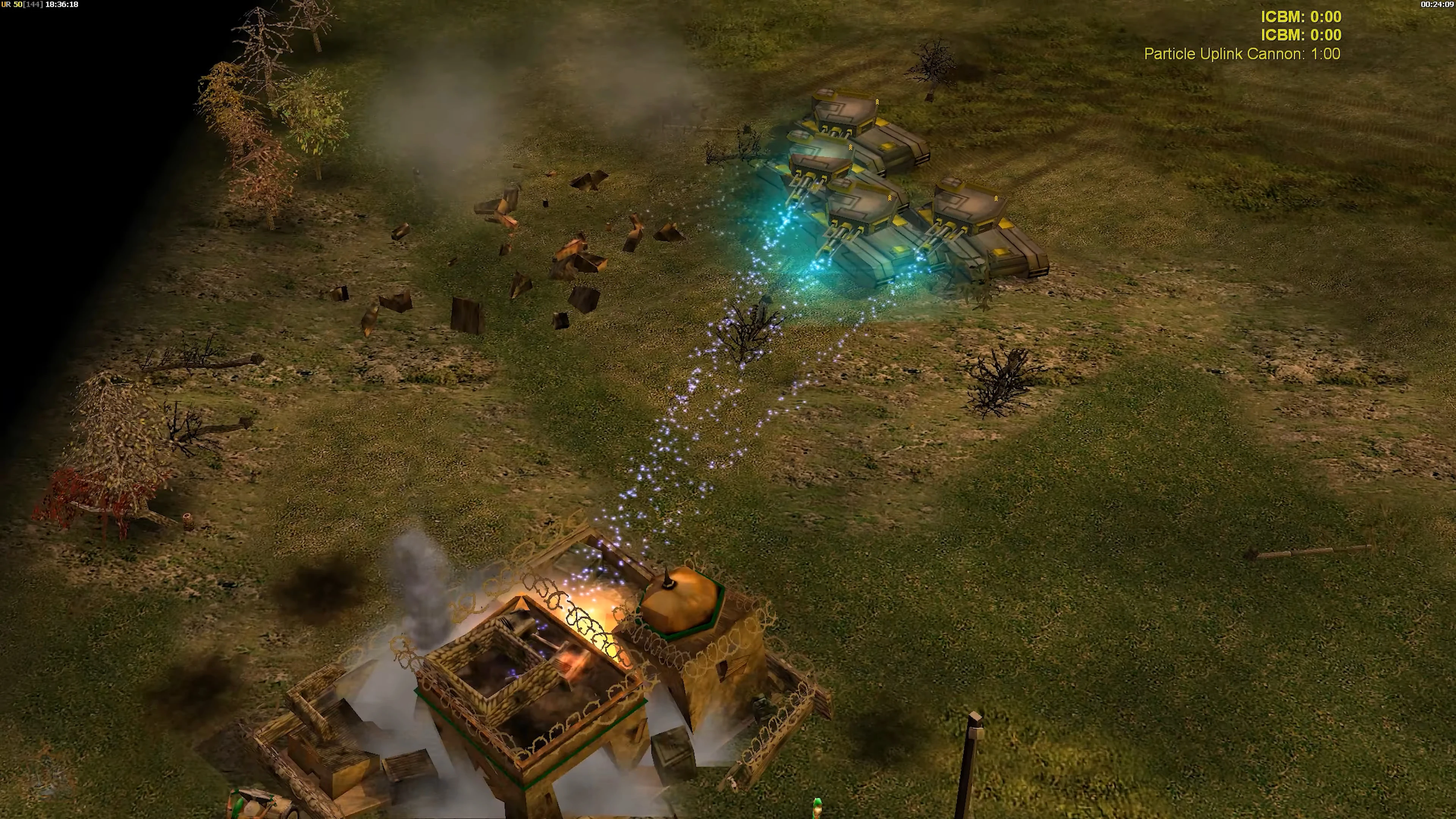 Група футуристичних лазерних танків випускає світні сині промені по базі в атаці в моді Project Raptor для Command & Conquer Generals