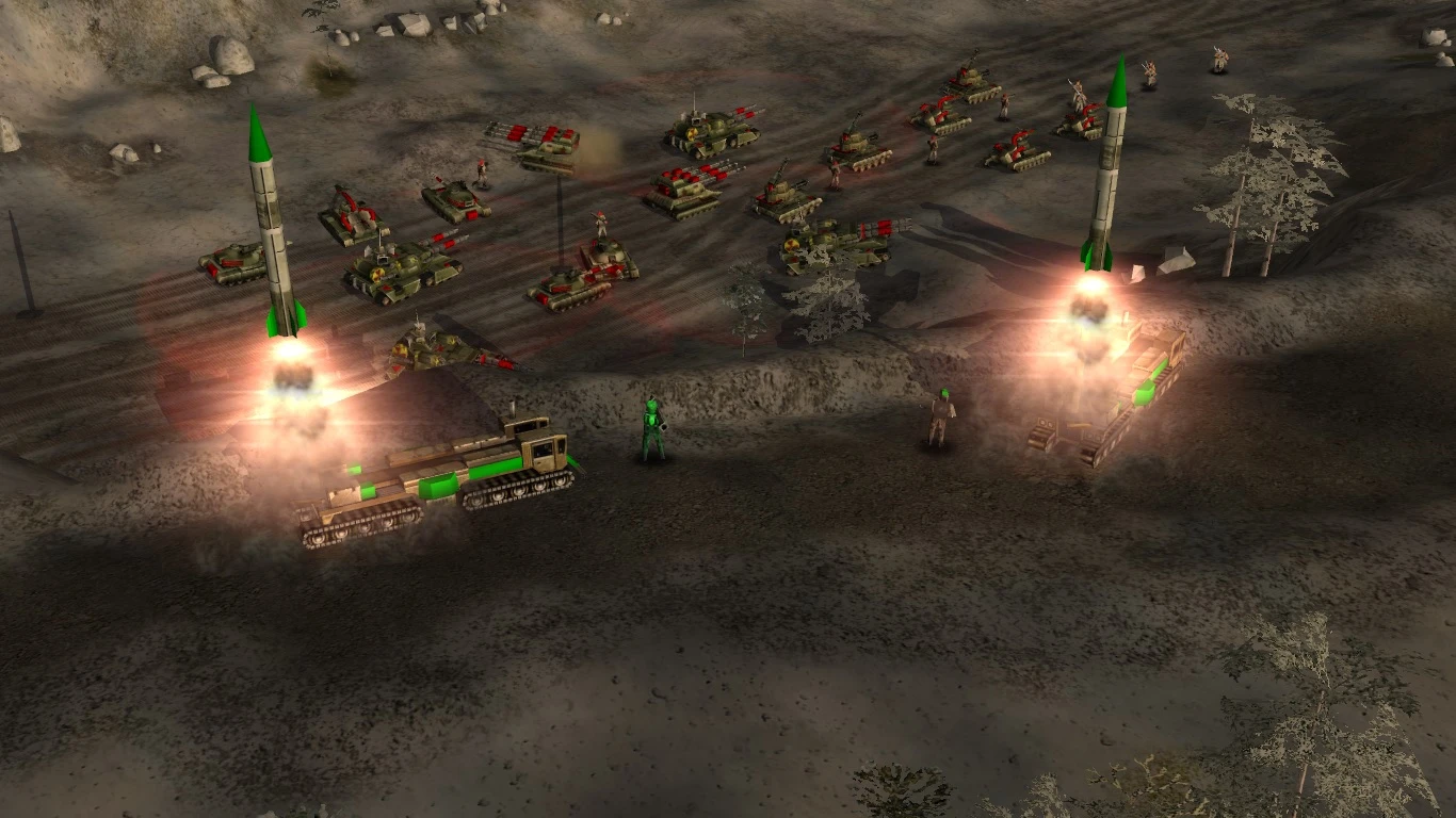 Два пусковых устройства запускают ракеты с зелёными наконечниками на фоне танков и солдат в моде Command & Conquer Generals