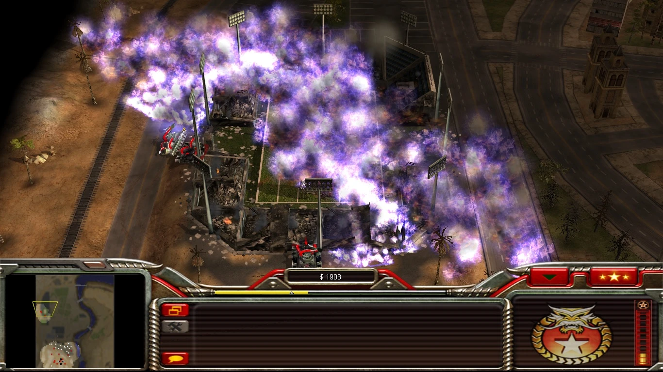 Скриншот с фиолетовым дымом и взрывами, разрушающими здания в моде Command & Conquer Generals Project Tomahawk Storm