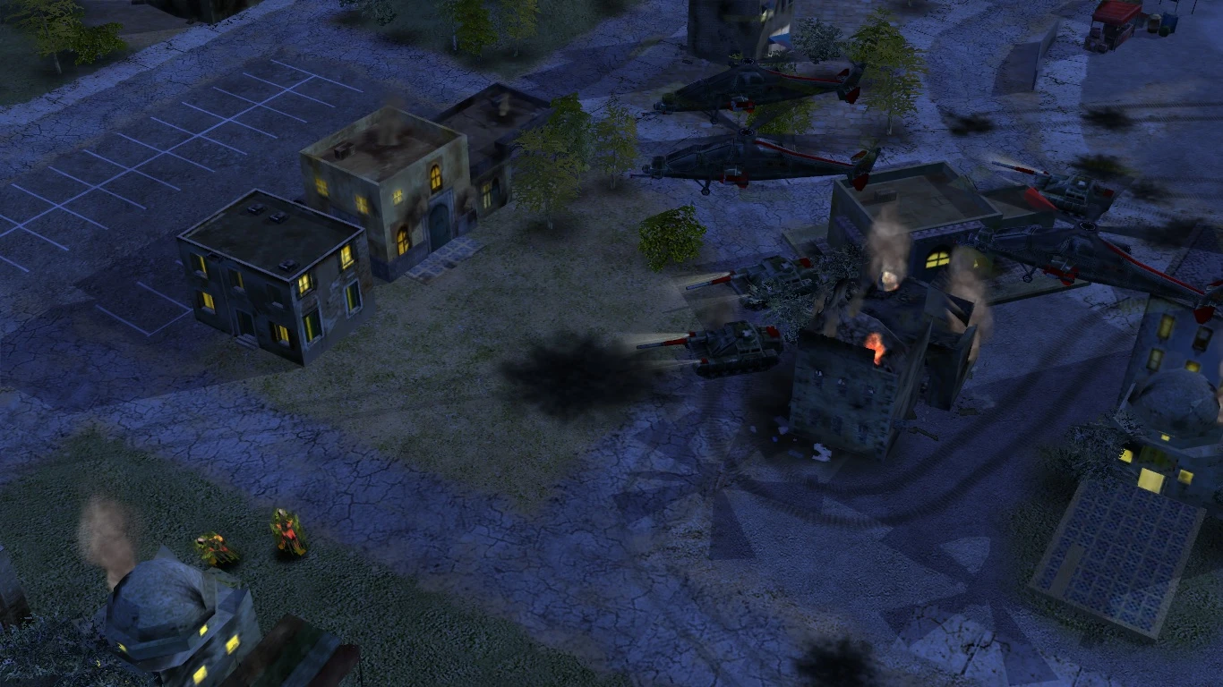 Ночное боевое столкновение в небольшом городе с вертолетами и танками возле горящих зданий