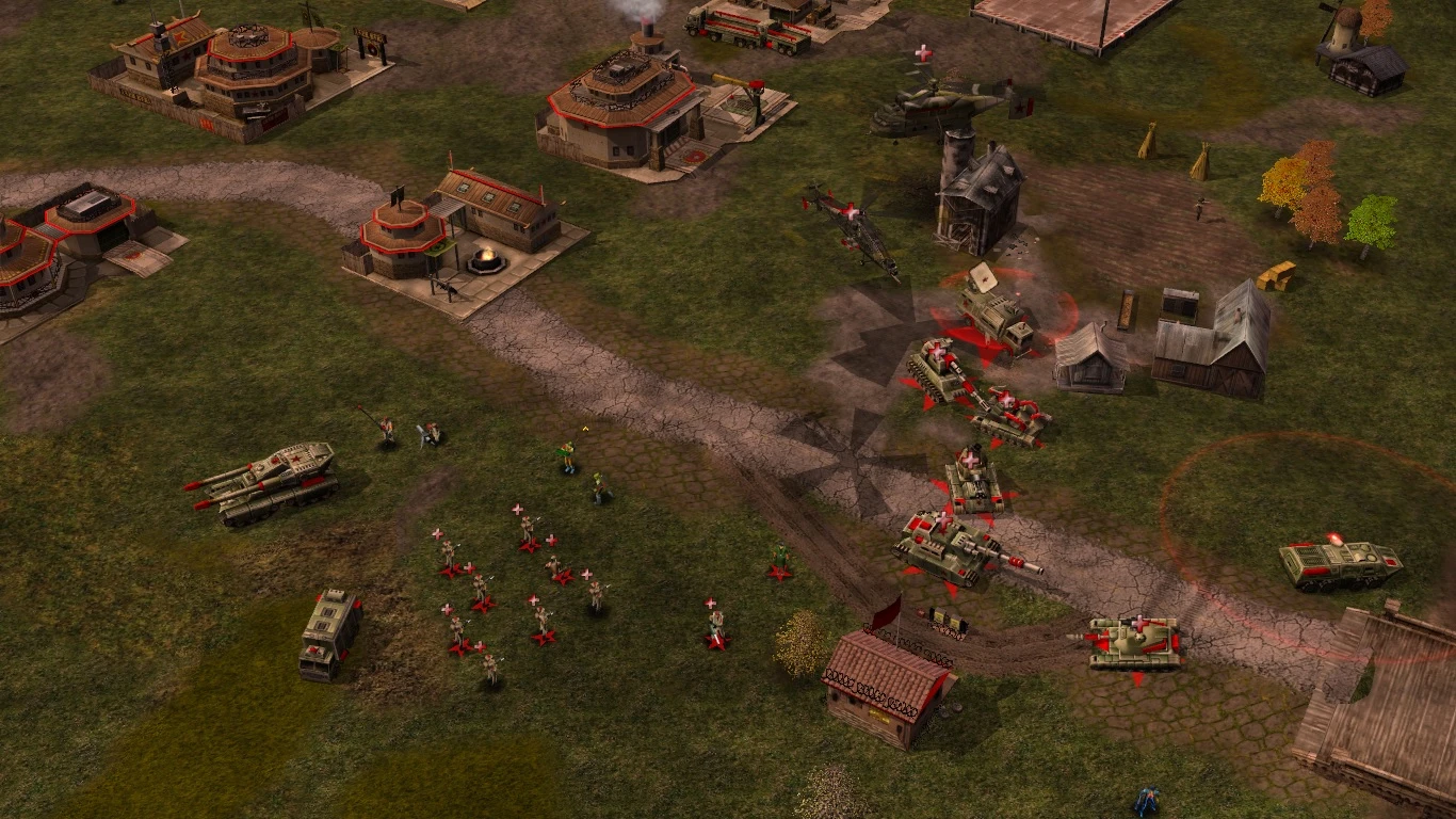 Скриншот из игры с модом Project Tomahawk Storm, показывающий танки, пехоту и вертолеты красной армии возле зданий