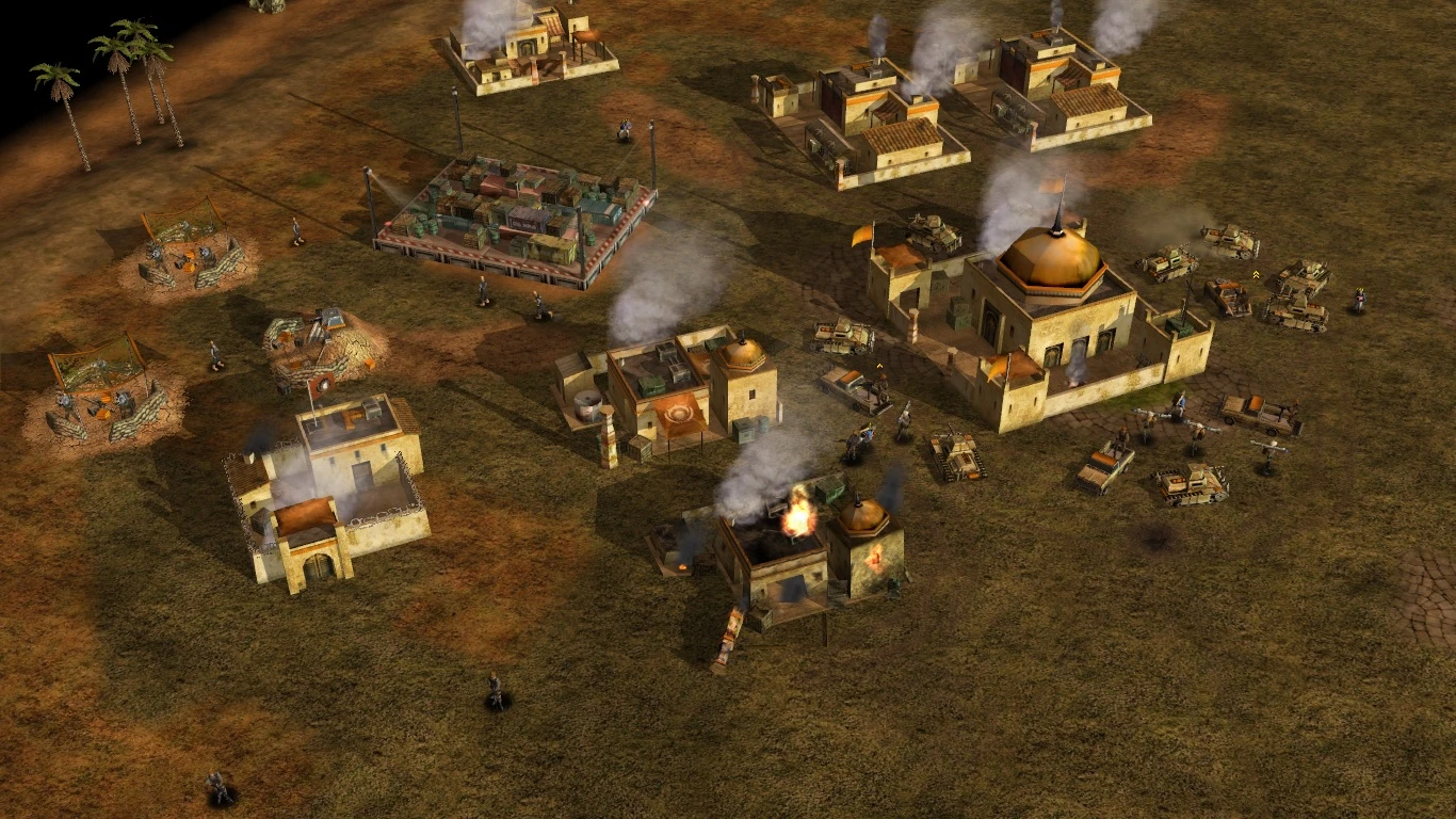 Вид сверху на пустынную базу с постройками, военной техникой и пехотой из мода Project Tomahawk Storm