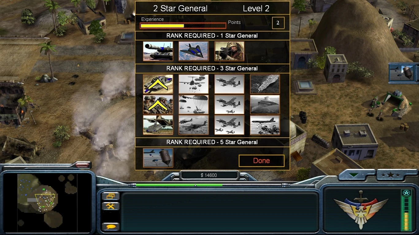 В игровом меню Command & Conquer Generals с модом Project Tomahawk Storm отображается опыт 2-го звёздного генерала уровня 2 и доступные улучшения