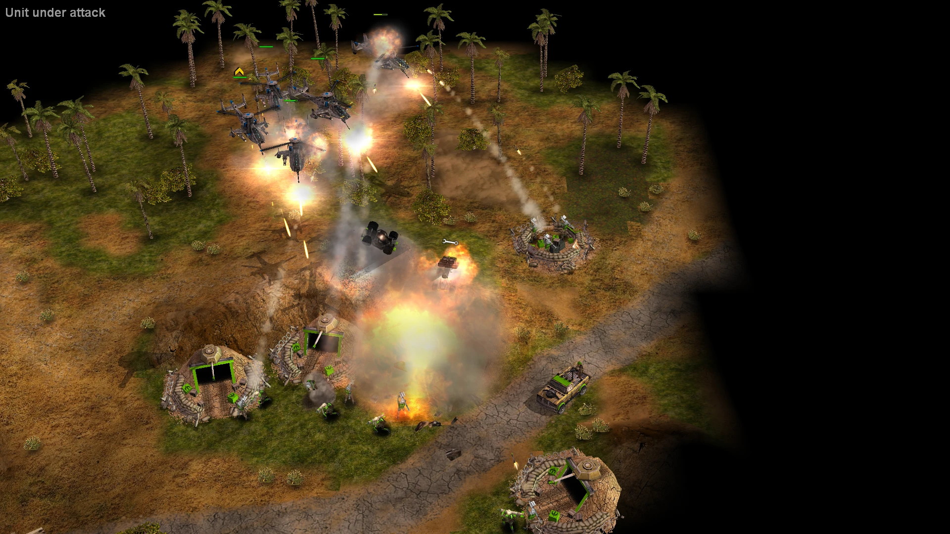 Вертолеты стреляют ракетами и из пулеметов по пехоте и сооружениям базы в моде Command & Conquer Generals Project Tomahawk Storm