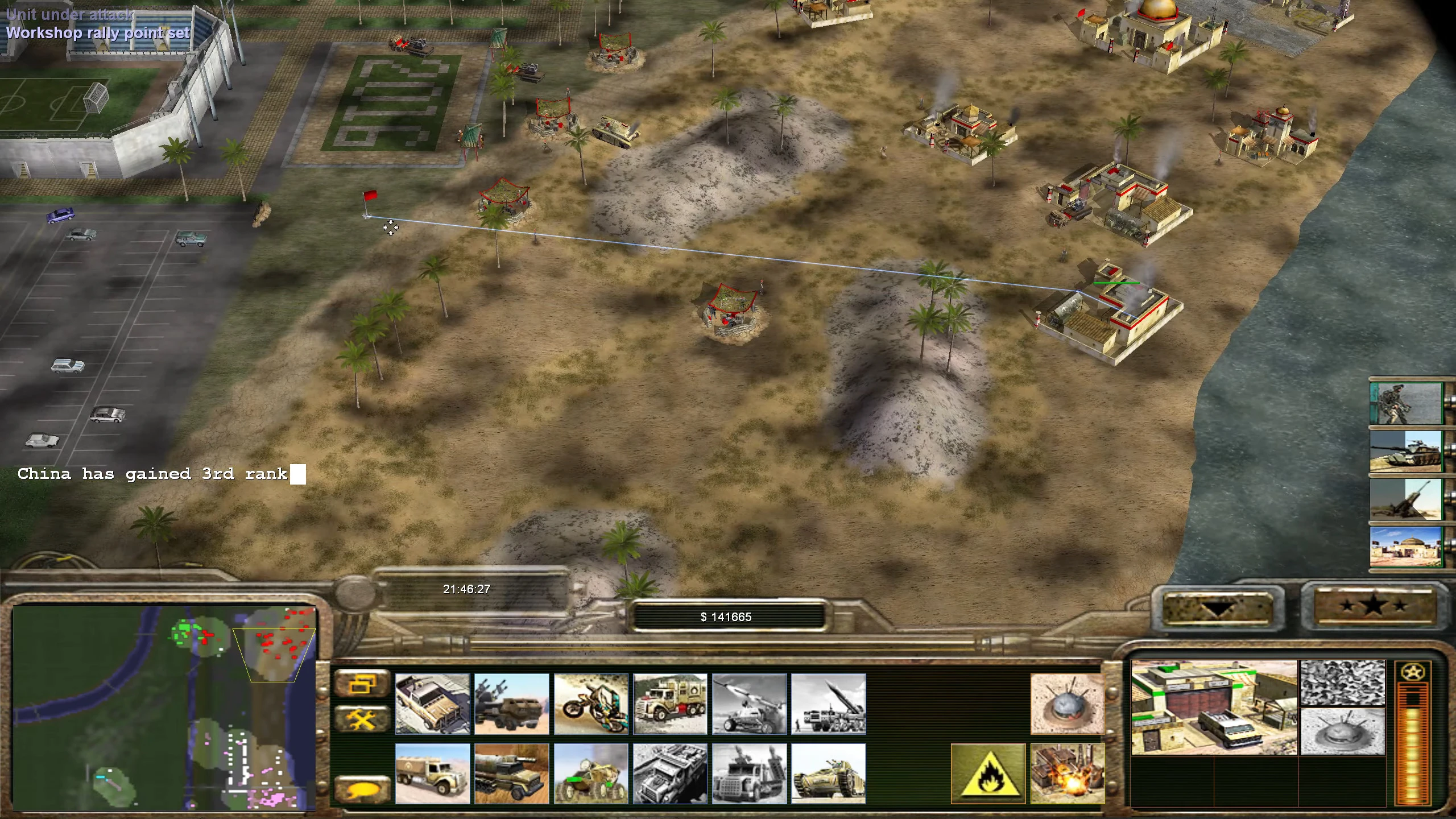 Captura del mod Return de Command & Conquer Generals mostrando estructuras base, unidades y punto de reunión