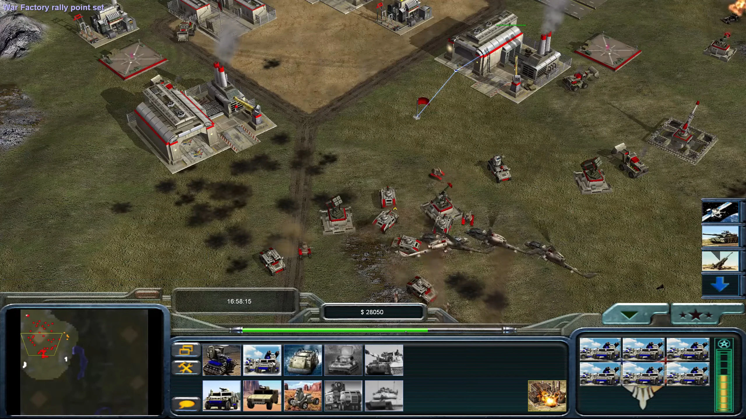Captura de pantalla de Command & Conquer Generals con base y tanques en el mod Return