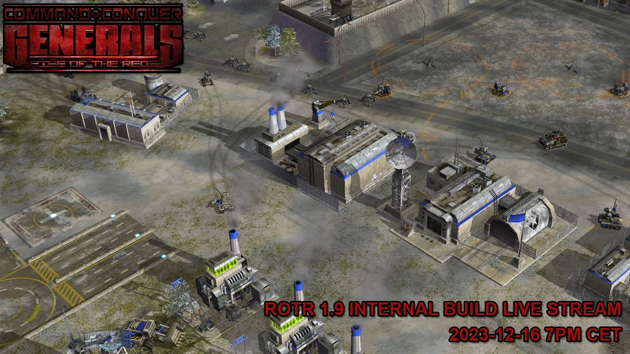 Скриншот из игры Command & Conquer Generals мод Rise of the Reds с военными строениями и юнитами в базе с обороной