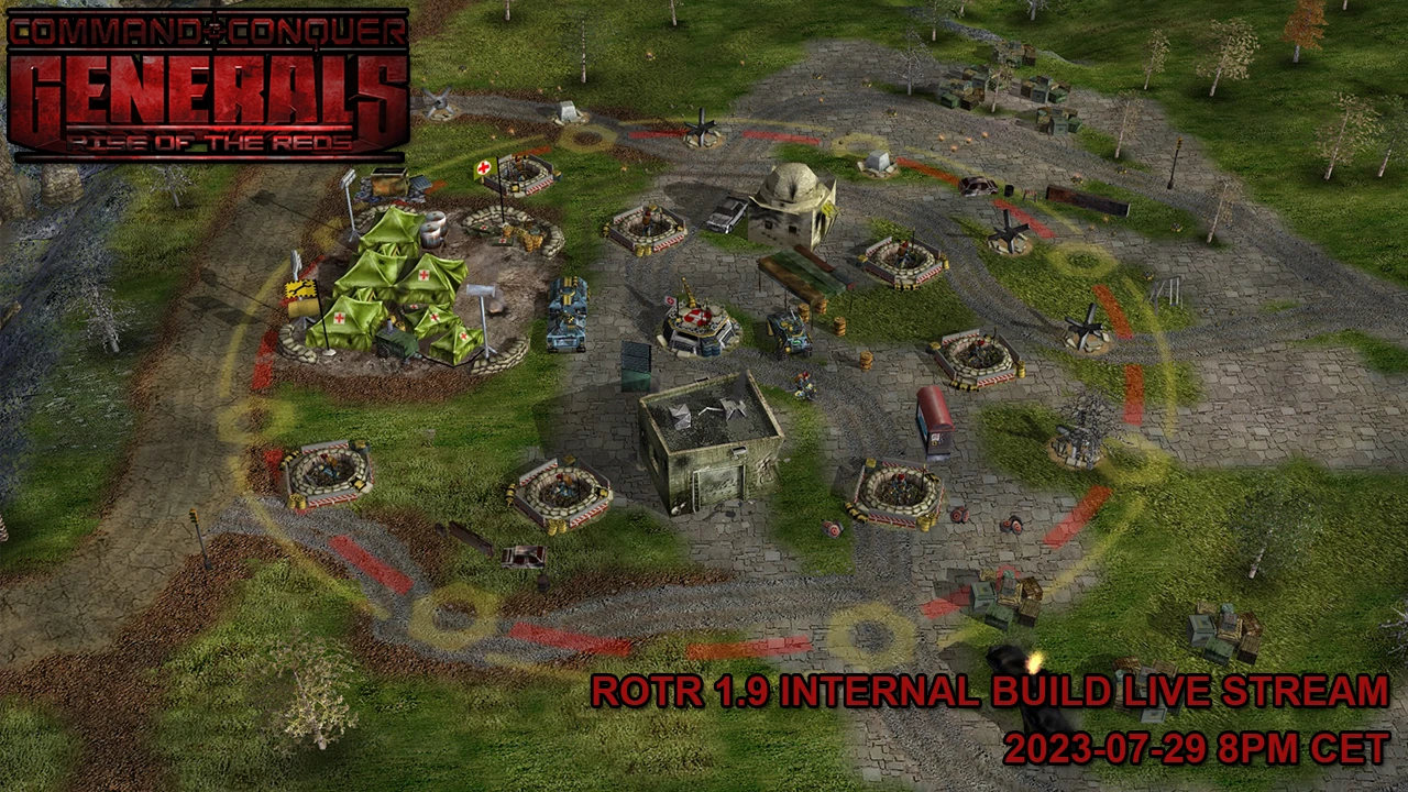 Вид сверху на укреплённую базу с палатками, сторожевыми вышками и оборонительными позициями в моде Rise of the Reds