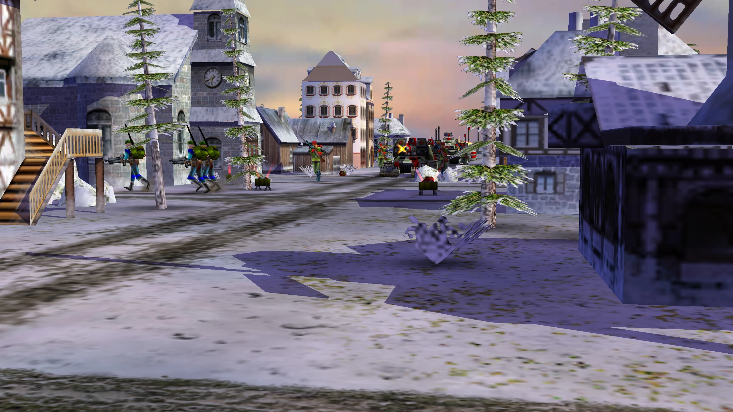 Заснеженные улицы маленького города с вооруженными солдатами и танками в бою на закате