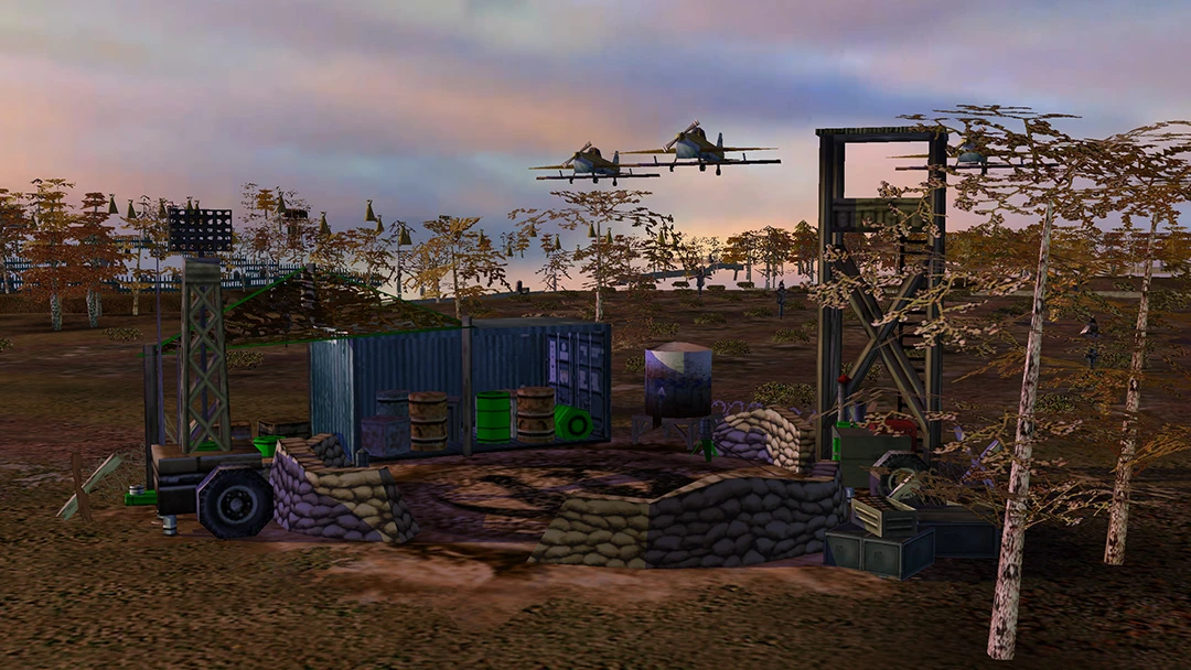 Военная дозорная башня окружена мешками с песком и контейнерами, над ней летают два самолёта на фоне осеннего леса