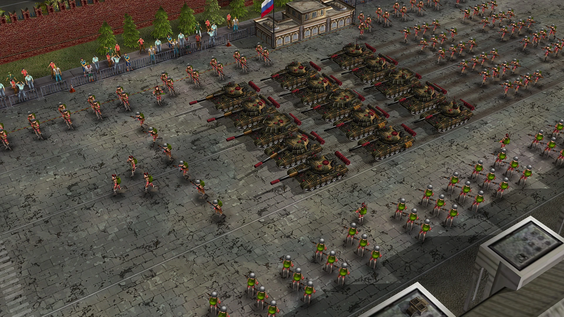 Вид сверху на выстроенные в парад танки и пехоту в игровом моде