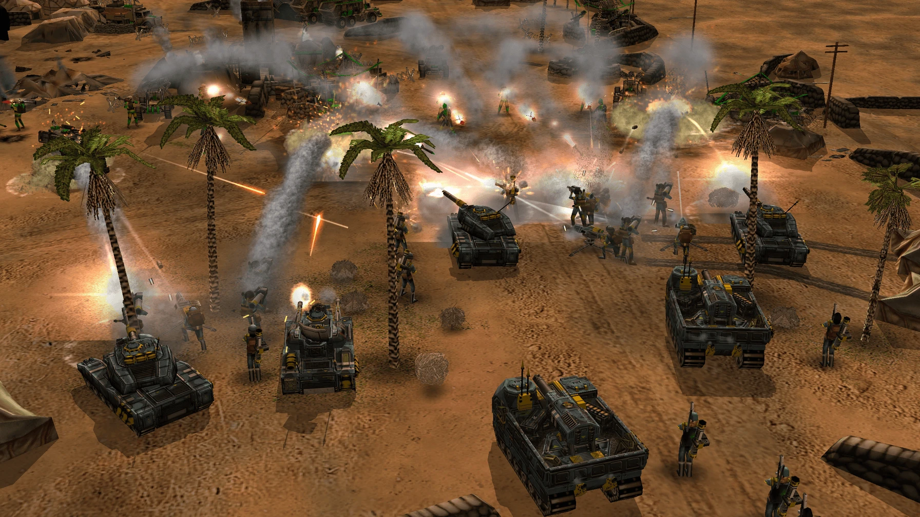 Пустынное поле боя с несколькими танками и пехотой, стреляющими среди дыма и взрывов в моде Command & Conquer Generals