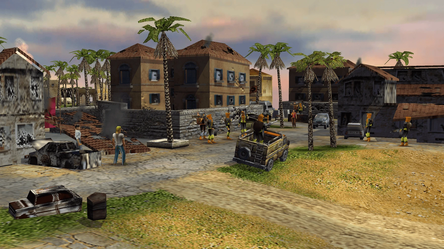 Разрушенные машины и вооружённые солдаты в городских декорациях мода Rise of the Reds для Command & Conquer Generals