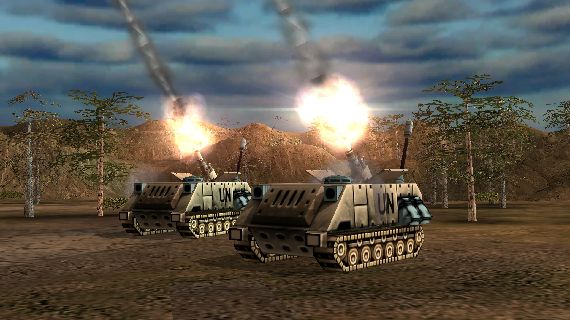 Two UN artillery vehicles firing shells with smoke trails and explosions in a barren battlefield