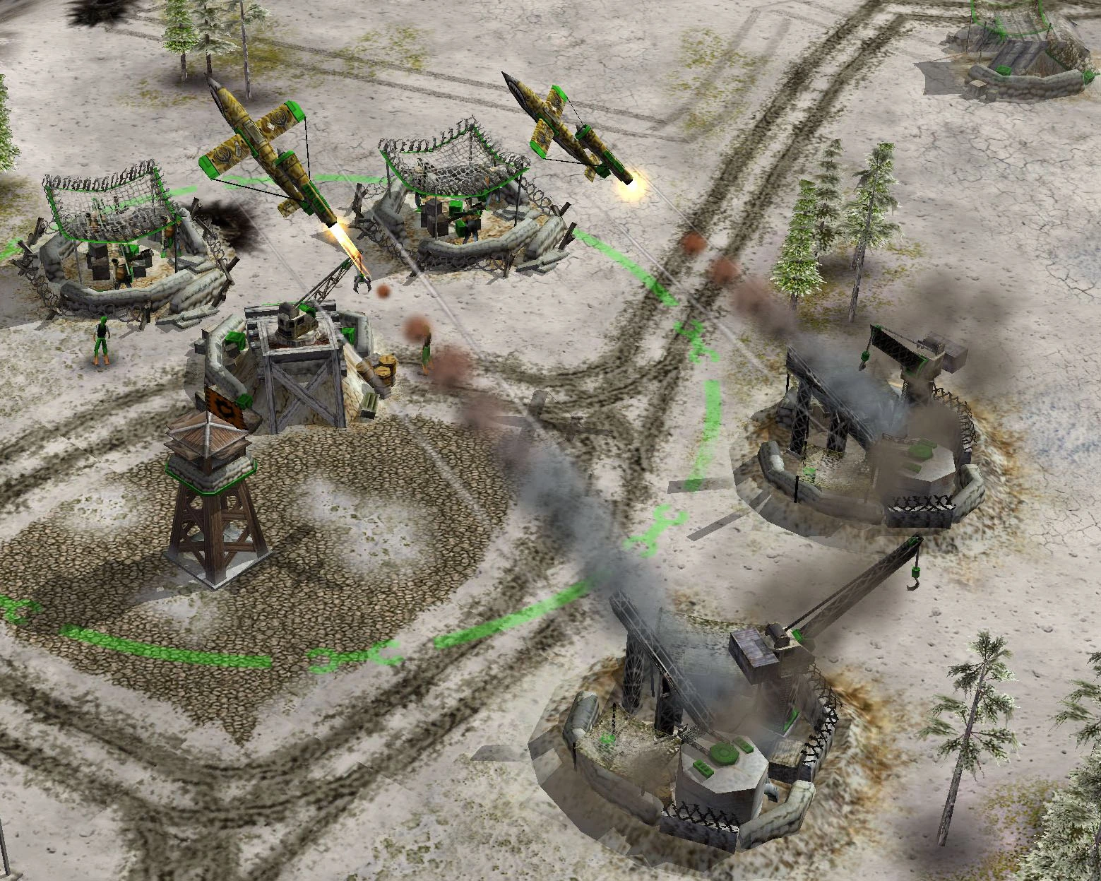 Screenshot of Command & Conquer Generals Rise of the Reds mod showing missile launchers firing from fortified desert bases