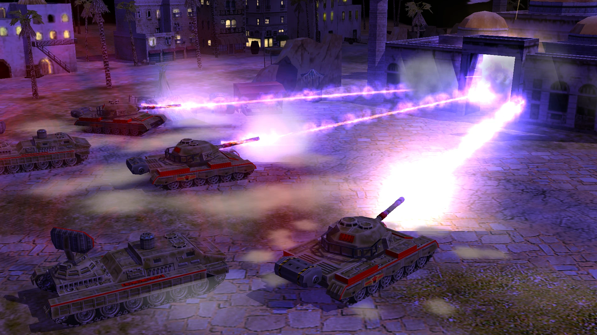 Tanques disparando rayos láser morados brillantes durante una batalla nocturna en el mod The End of Days para Command & Conquer Generals