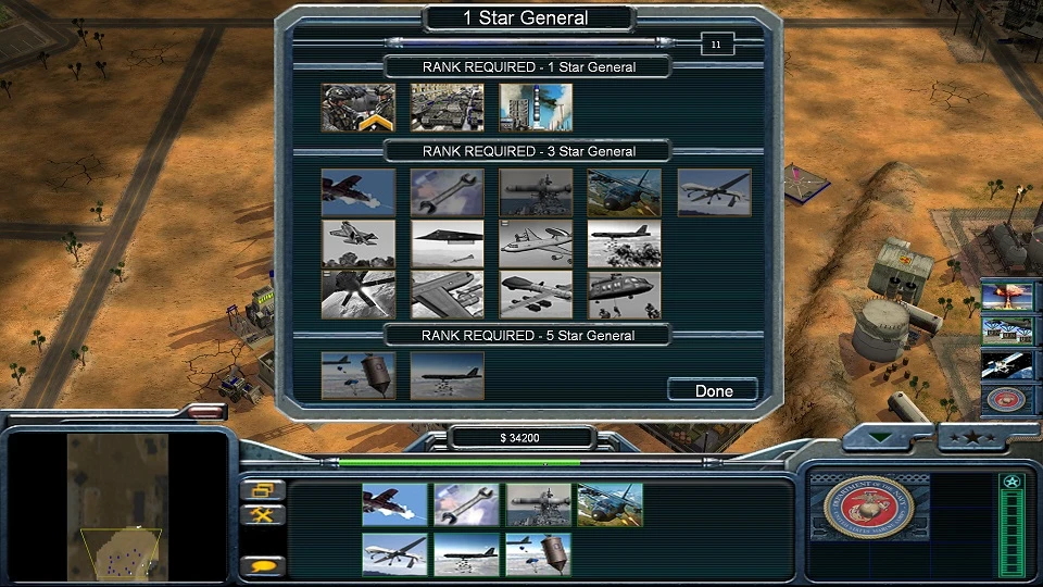 Interfaz del mod The End of Days para Command & Conquer Generals mostrando desbloqueos de rango Star General y unidades militares