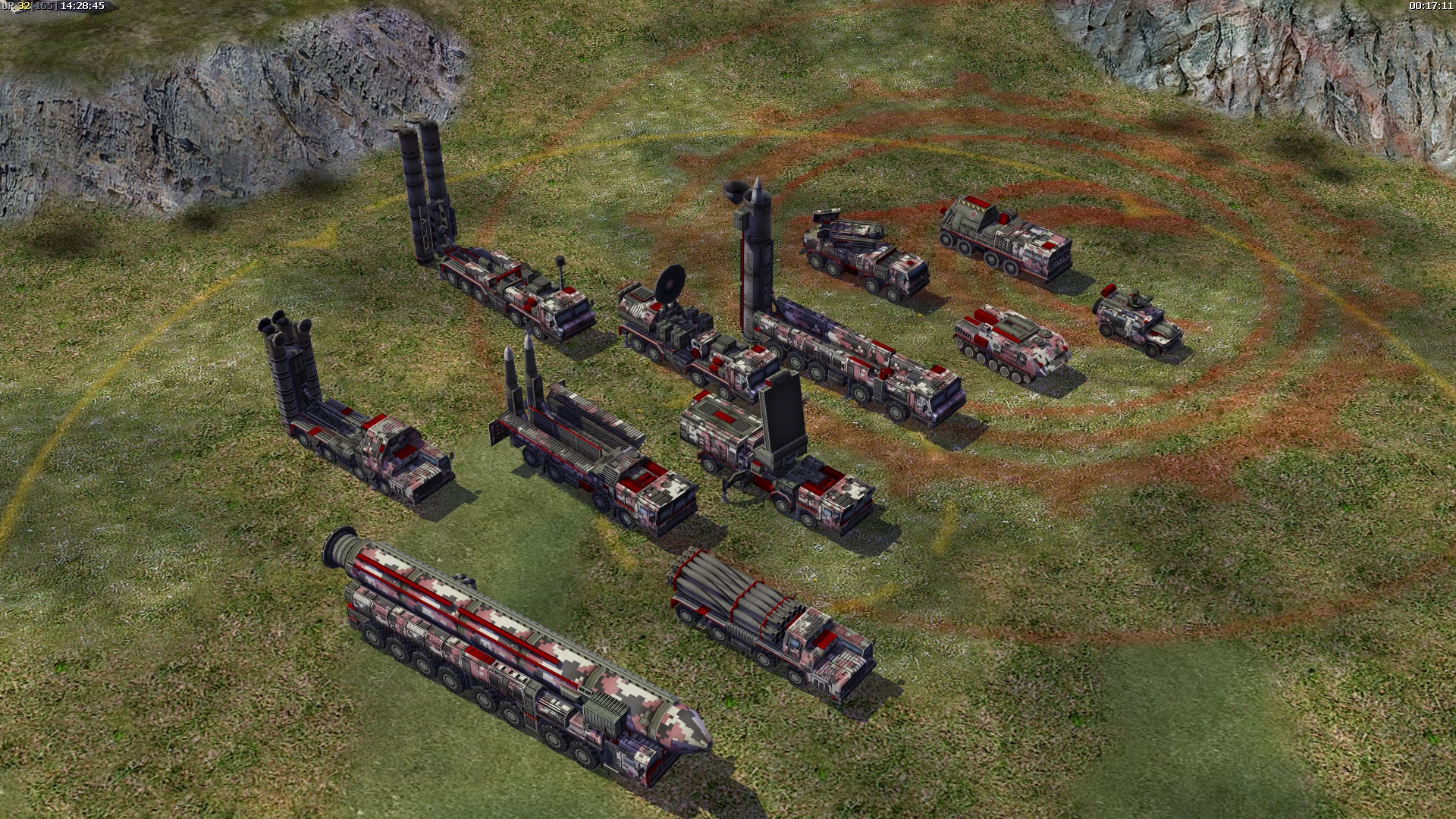 Vista superior de varios lanzamisiles, camiones radar y vehículos de apoyo en terreno cubierto de hierba en el mod The End of Days