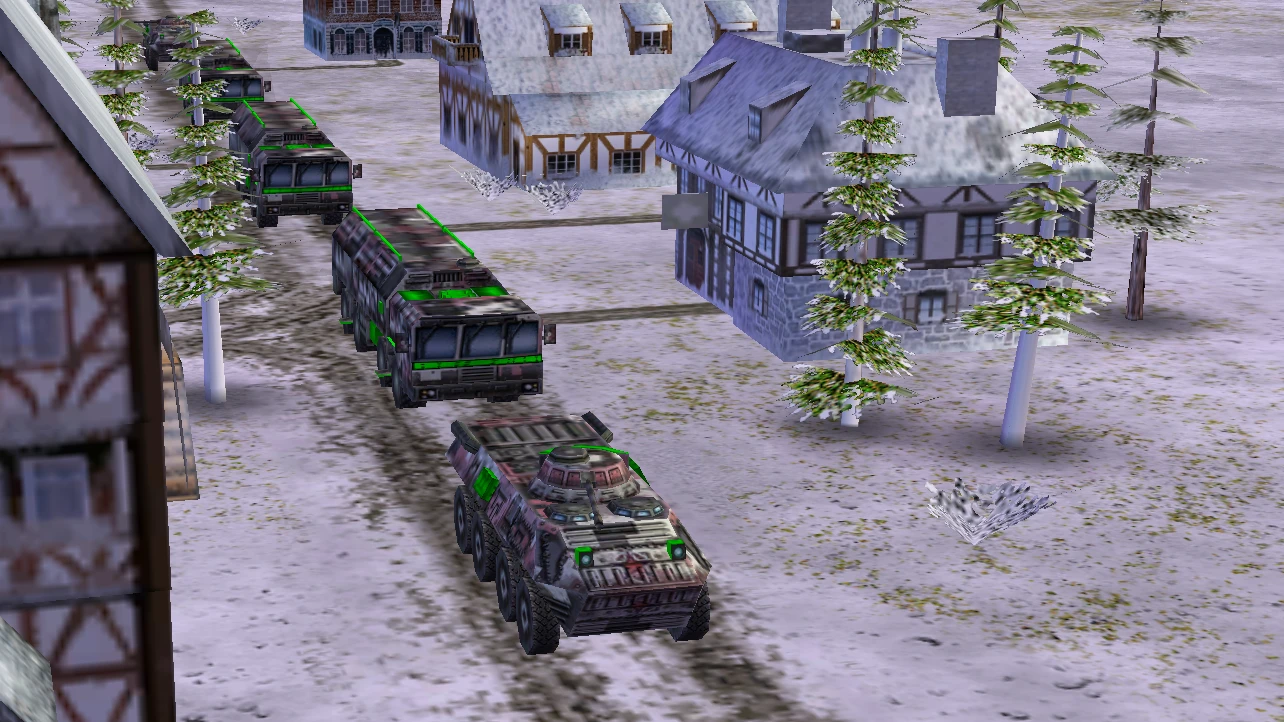 Vehículos militares camuflados circulan por carretera nevada en aldea con casas de madera y pinos