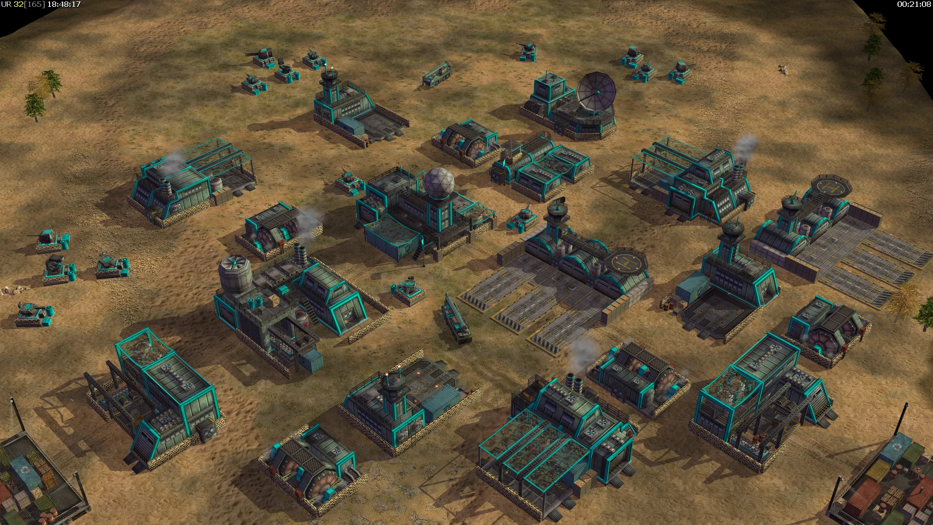 Vista aérea de una gran base futurista con múltiples edificios y tanques en Command & Conquer Generals