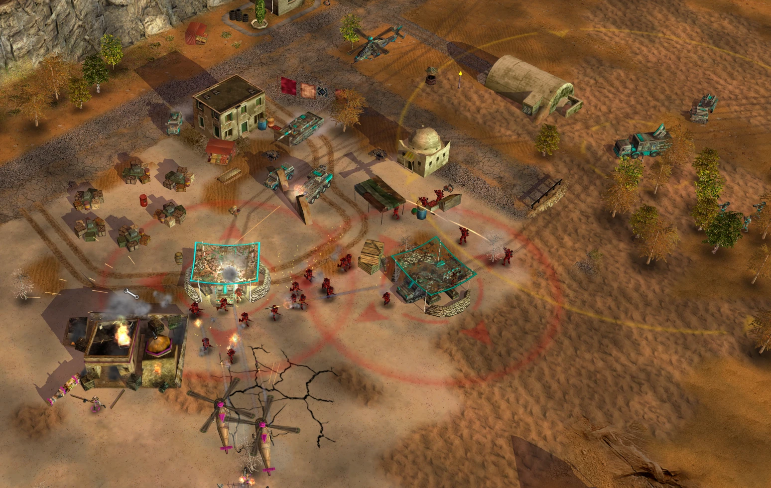 Captura de Command & Conquer Generals con infantería y vehículos blindados defendiendo una base en el desierto