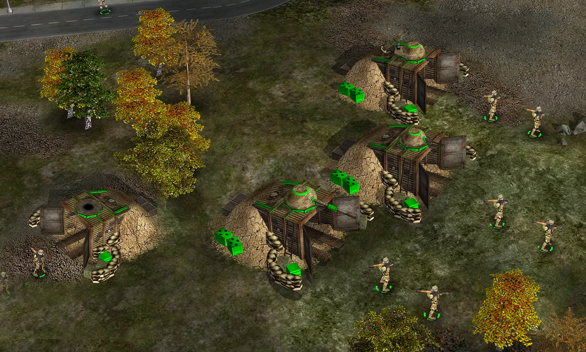 Vista desde arriba de búnkeres defensivos con soldados posicionados afuera en terreno con hierba y árboles