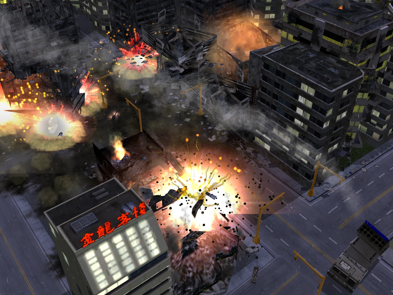 Explosions and ruined buildings in a city setting from Command & Conquer Generals mod The Foxtrot Code