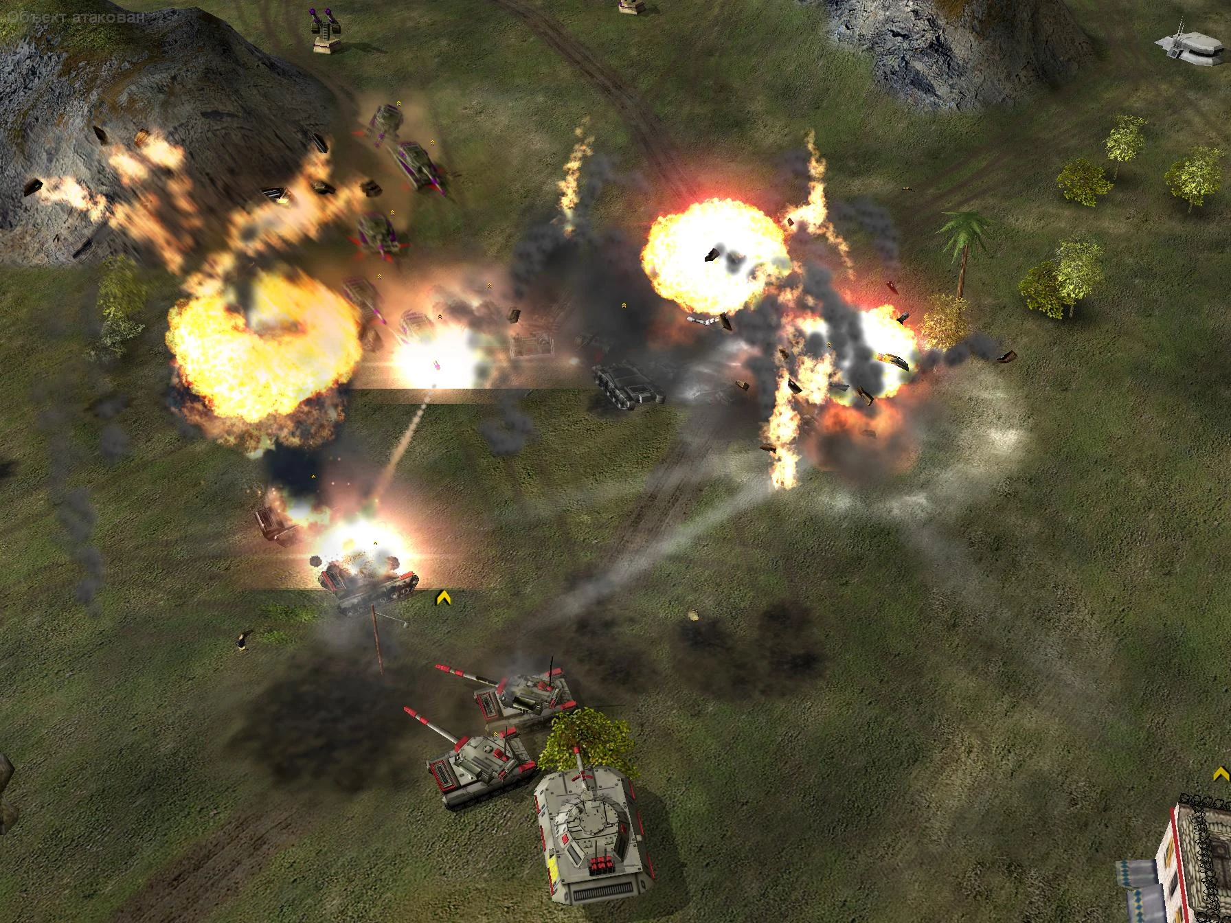 Multiple tanks engaged in battle with large explosions and smoke effects on grassy terrain in The Foxtrot Code mod