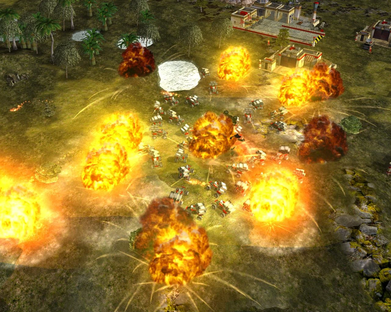 Intense battle scene from Command & Conquer Generals mod The Foxtrot Code showing tanks amidst multiple fiery explosions