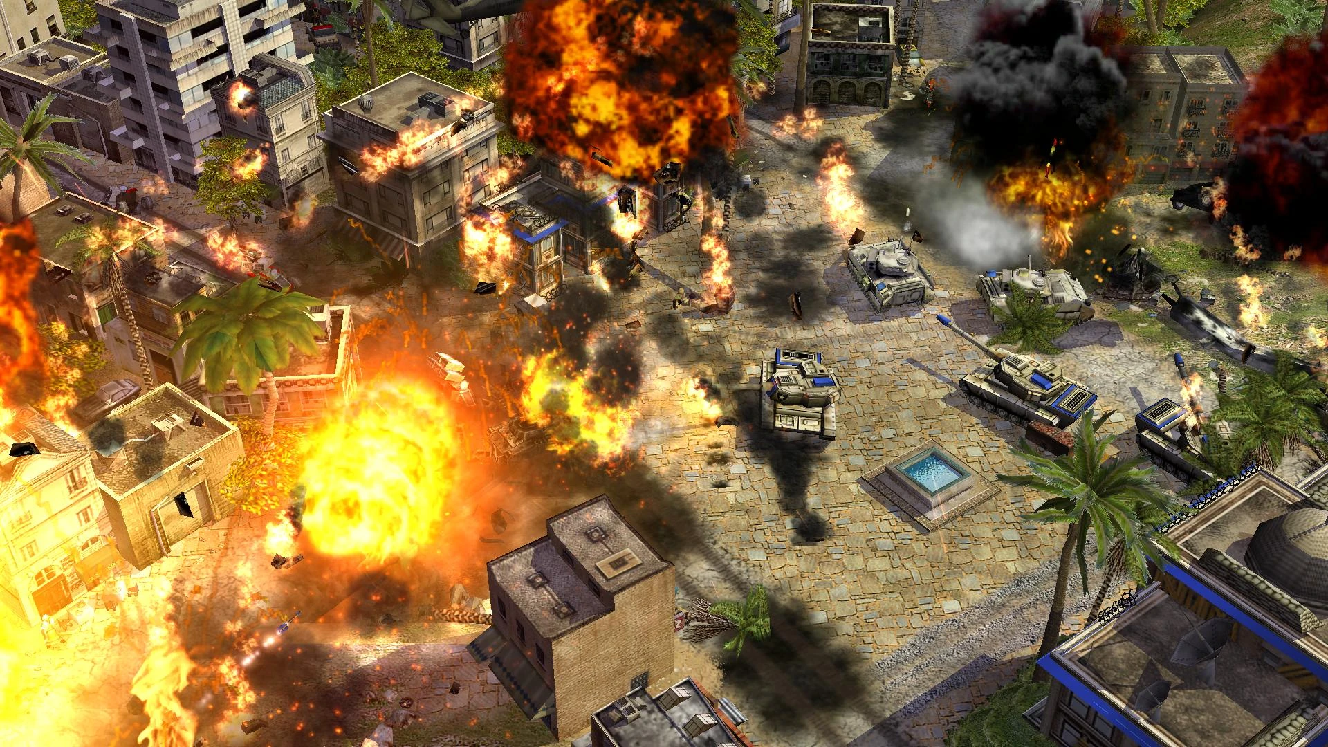 Intense urban battle scene showing explosions, burning buildings, and tanks advancing through a city street