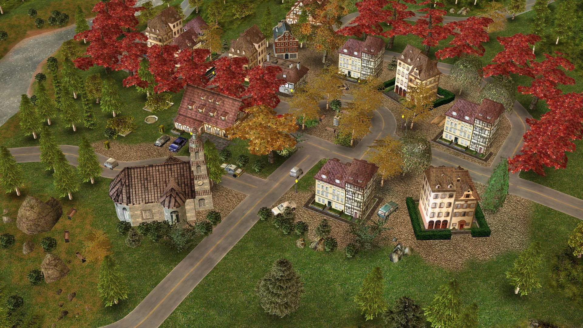 Top-down view of a European village with roads, autumn trees, houses, and a church in The Foxtrot Code mod