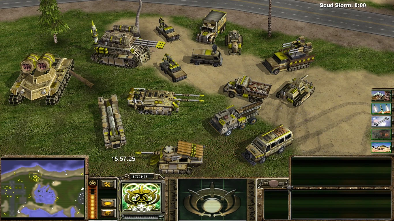 Gameplay screenshot of The Foxtrot Code mod for Command & Conquer Generals showing multiple advanced military vehicles on grass