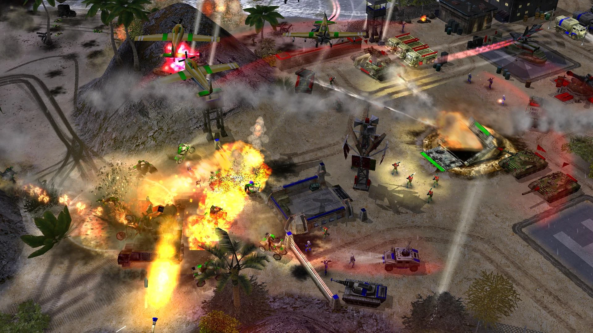 Explosions, soldiers, tanks, planes, and helicopters engage in a chaotic battle in Command & Conquer: Generals mod
