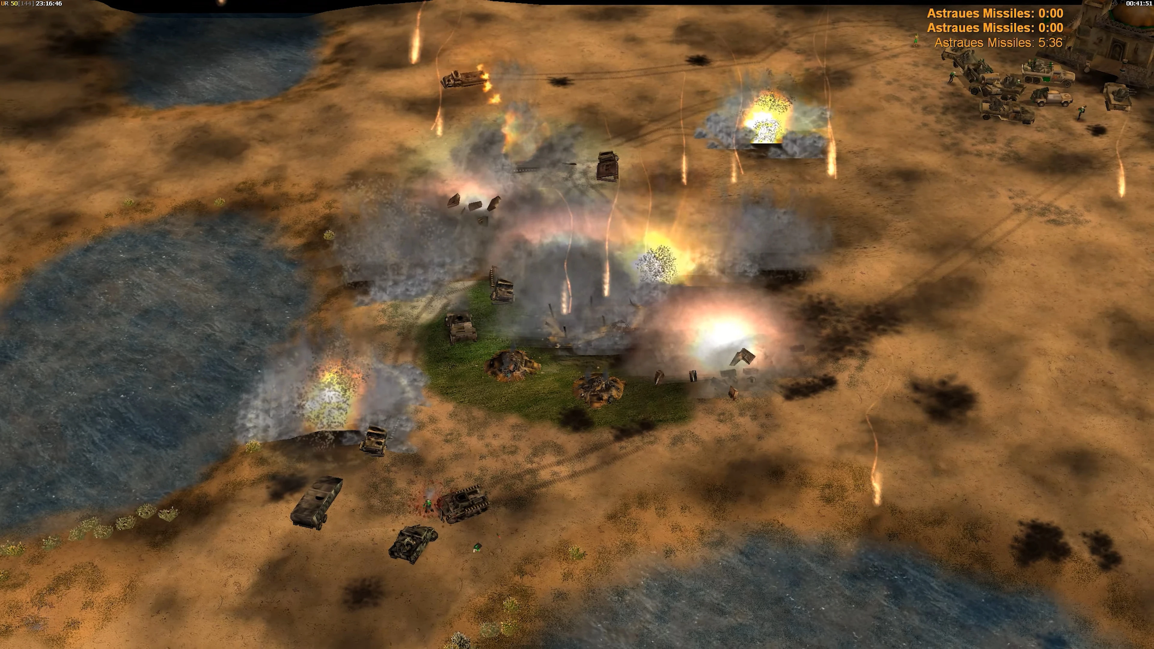 A desert battlefield scene with multiple explosions, burning vehicles, and missile trails in Command & Conquer Generals mod The Power Of The West