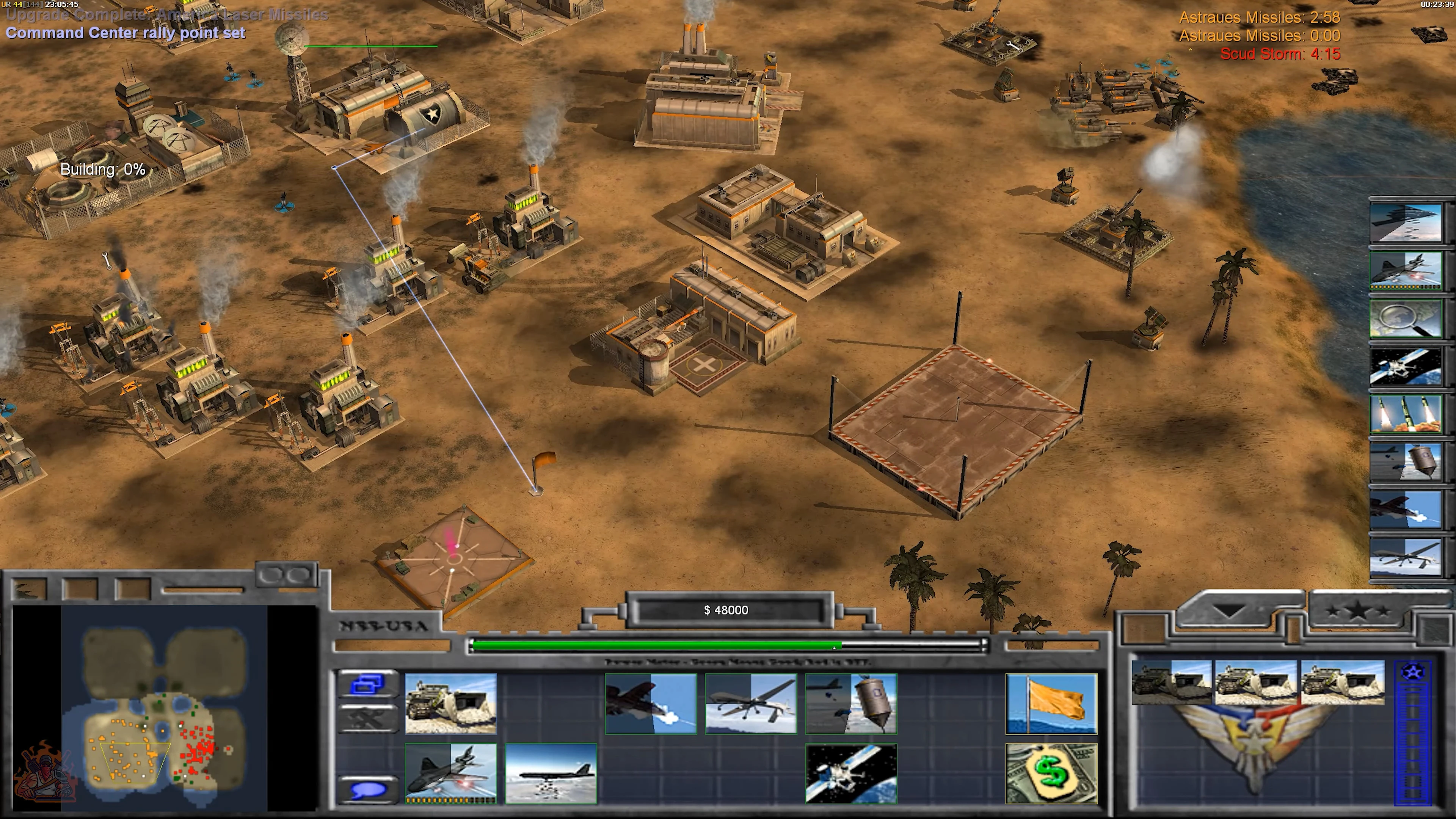 Game screenshot showing desert base with various buildings and aircraft interface in Command & Conquer The Power Of The West mod