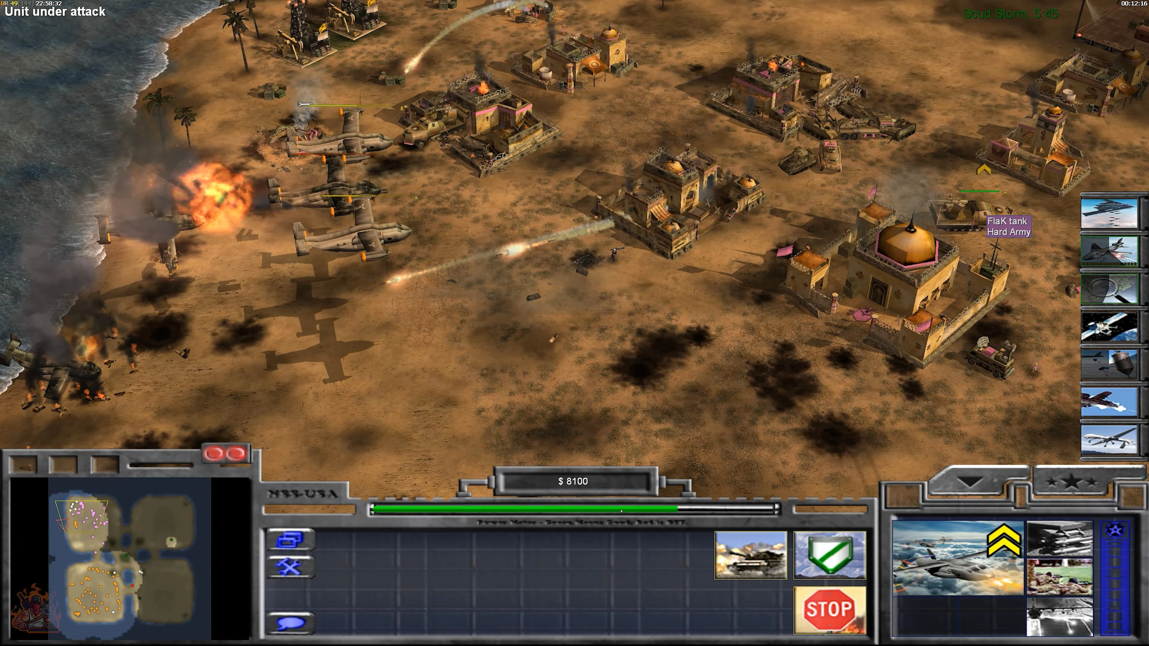 Command & Conquer Generals gameplay showing units under attack with explosions and planes over a desert village in The Power Of The West mod
