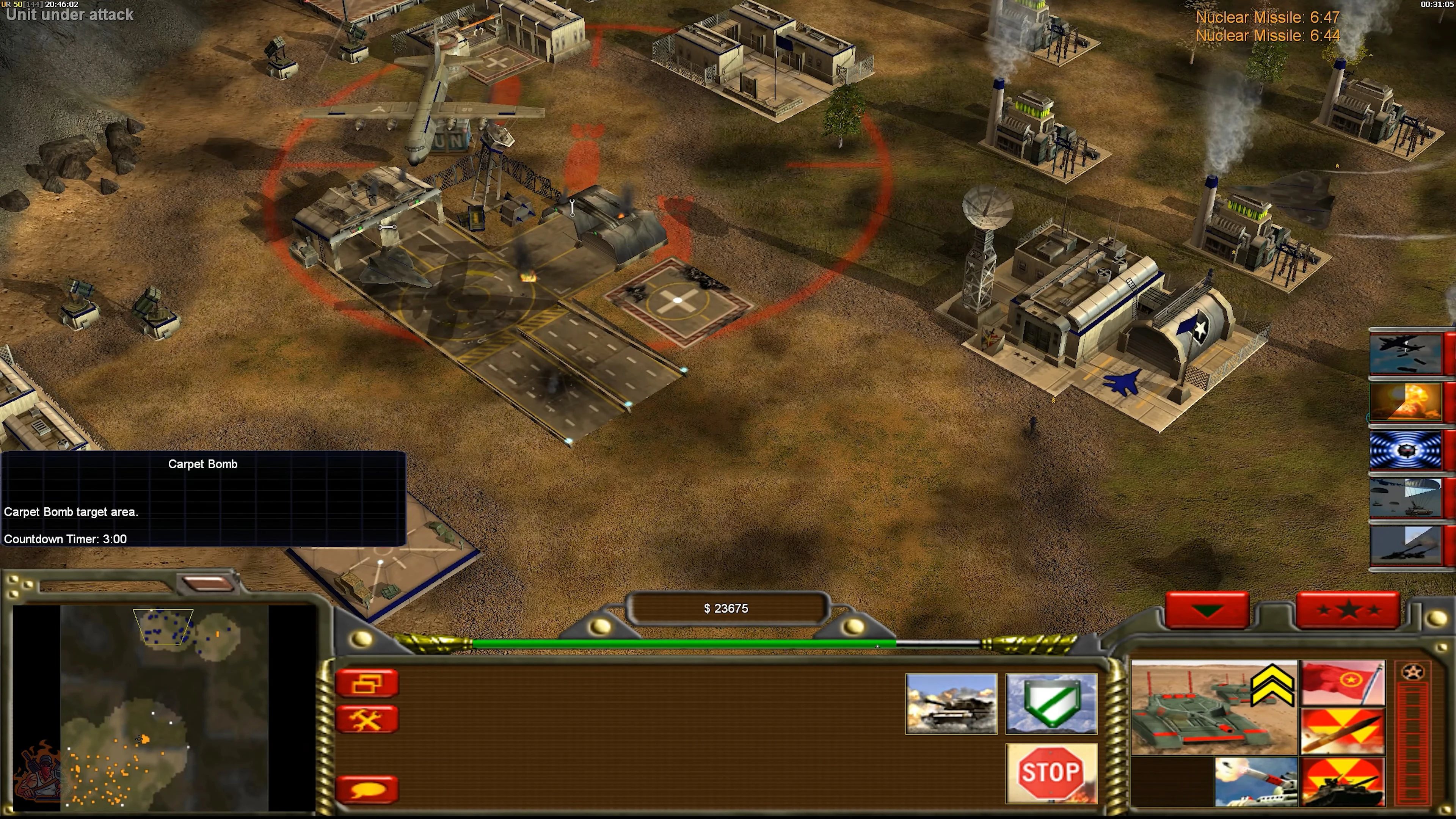 Gameplay screenshot showing a carpet bomb target area over buildings with a countdown timer in a Command & Conquer Generals mod