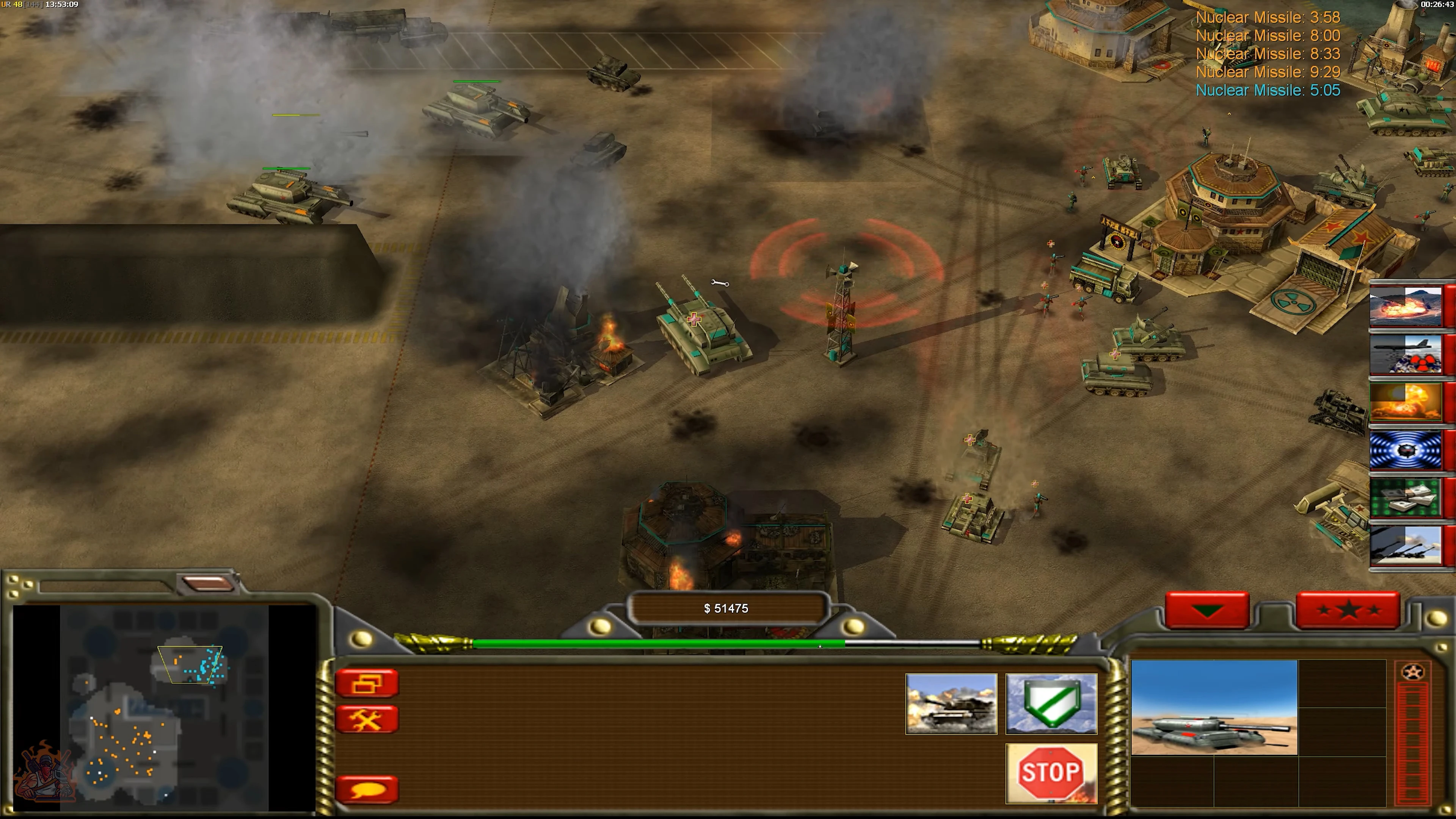 In-game scene showing tanks, infantry, buildings with smoke and fire, and multiple nuclear missile timers in Command & Conquer Generals The Power Of The West mod