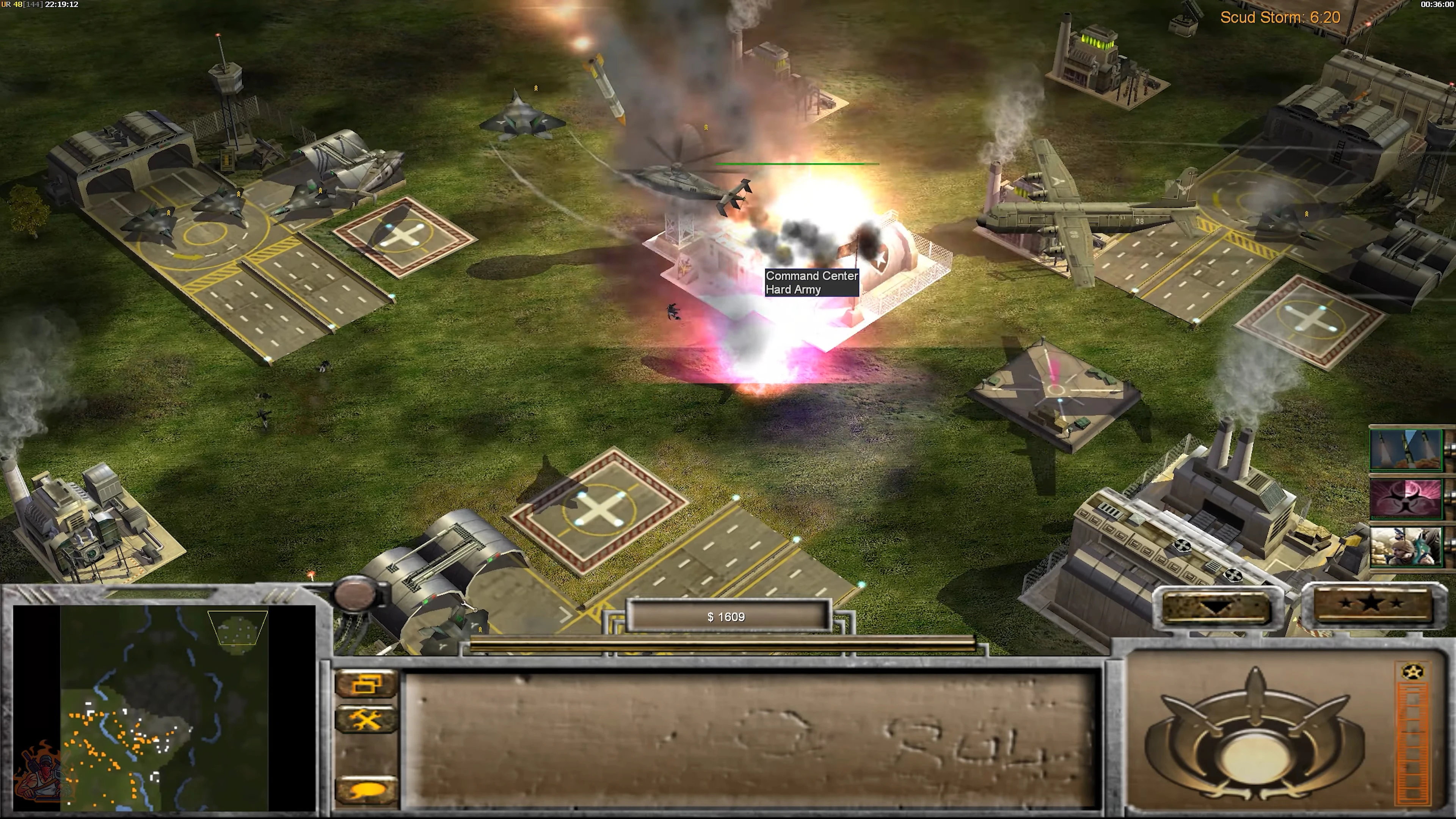 Screenshot of Command & Conquer Generals mod The Power Of The West showing helicopter and planes attacking a military base with explosions
