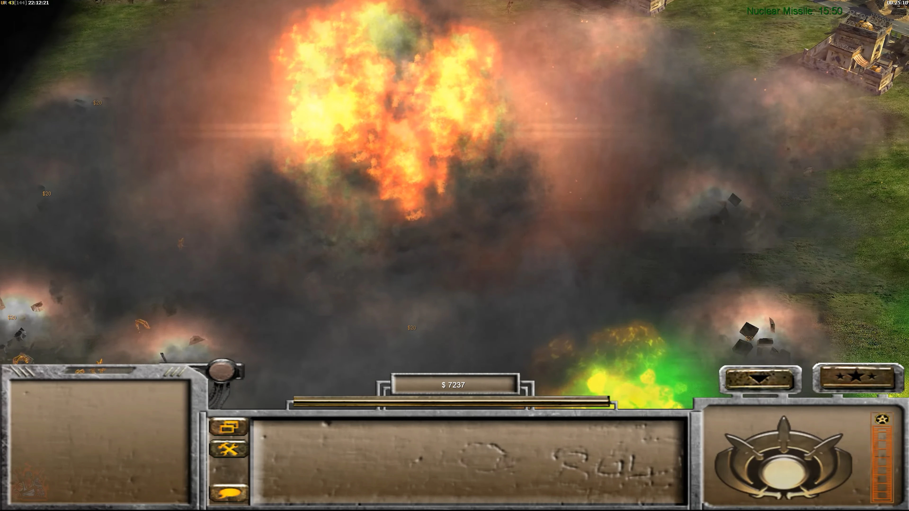 Screen capture showing a nuclear missile explosion with fire and smoke in The Power Of The West mod for Command & Conquer Generals